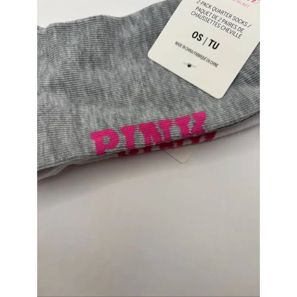 PINK Victoria’s Secret 2-Pack Quarter Socks White Gray NWT